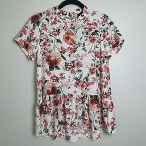 Roolee floral ruffle mock neck peplum blouse